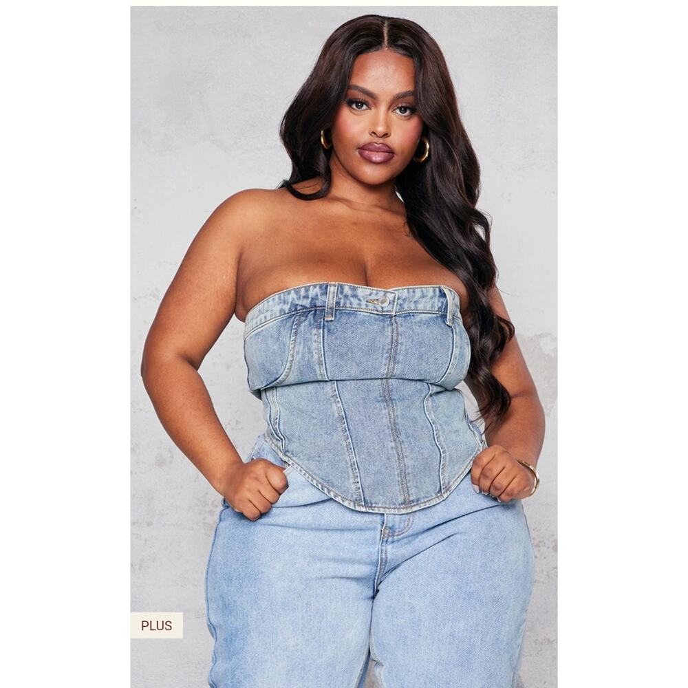 PrettyLittleThing Plus Blue Light Wash Jean Waistband Detail Corset Size 20 NWT